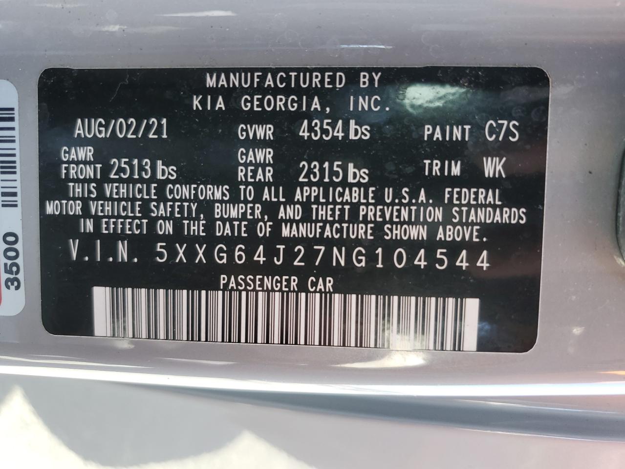 2022 KIA K5 GT LINE VIN:5XXG64J27NG104544