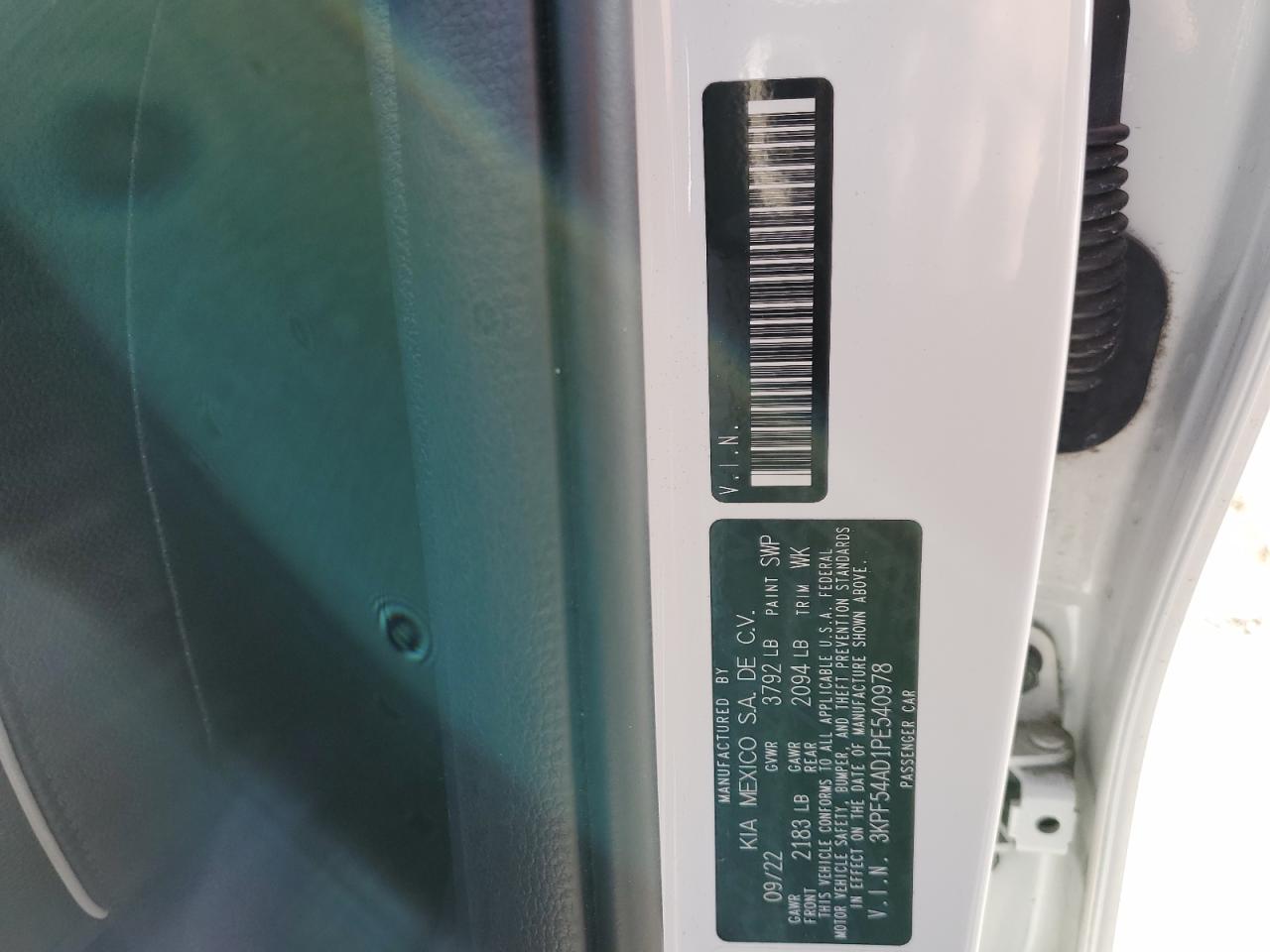 2023 KIA FORTE GT LINE VIN:3KPF54AD1PE540978