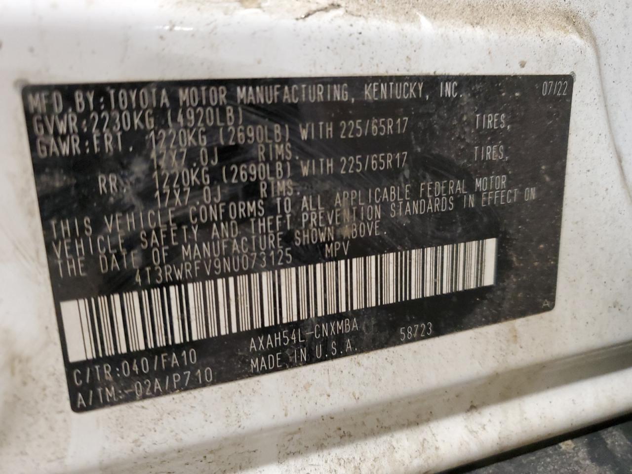 2022 TOYOTA RAV4 XLE VIN:4T3RWRFV9NU073125