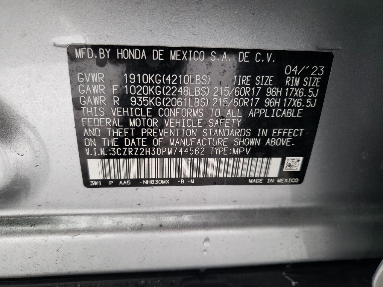 2023 HONDA HR-V LX VIN:3CZRZ2H30PM744562