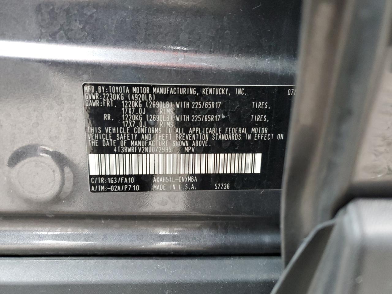 2022 TOYOTA RAV4 XLE VIN:4T3RWRFV2NU072995