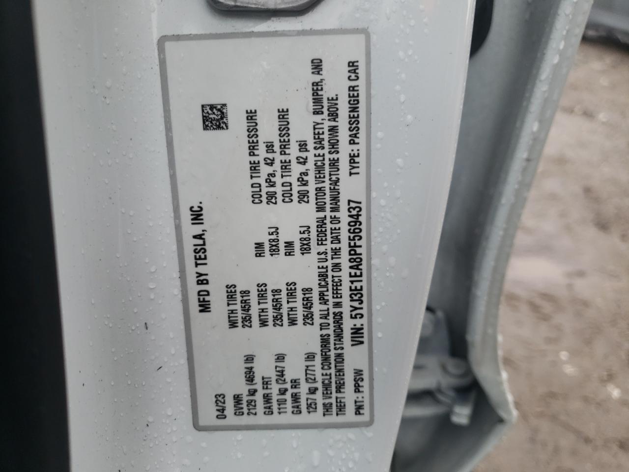 2023 TESLA MODEL 3 VIN:5YJ3E1EA8PF569437