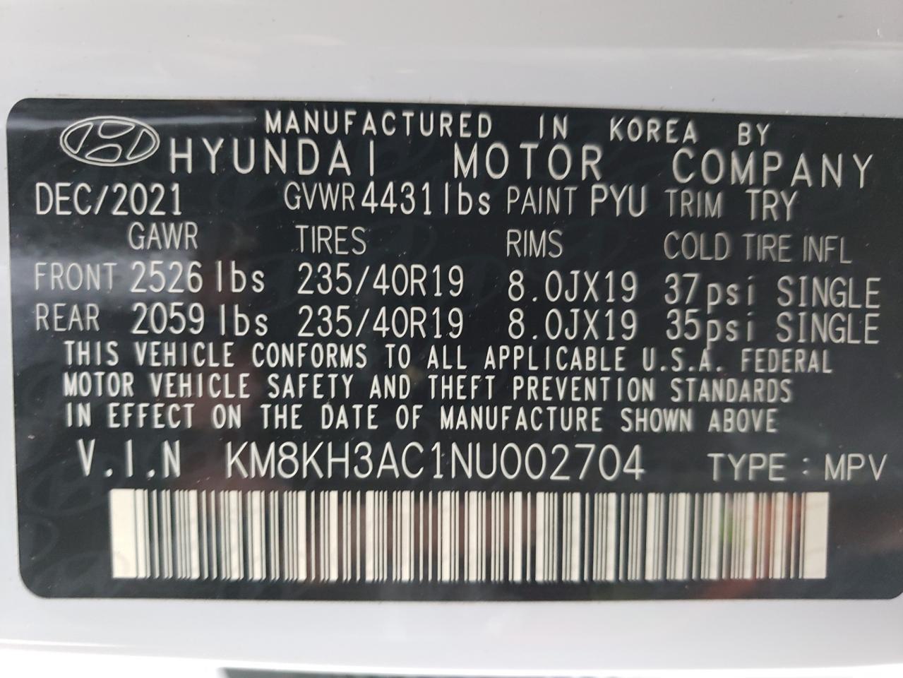 2022 HYUNDAI KONA N BASE VIN:KM8KH3AC1NU002704