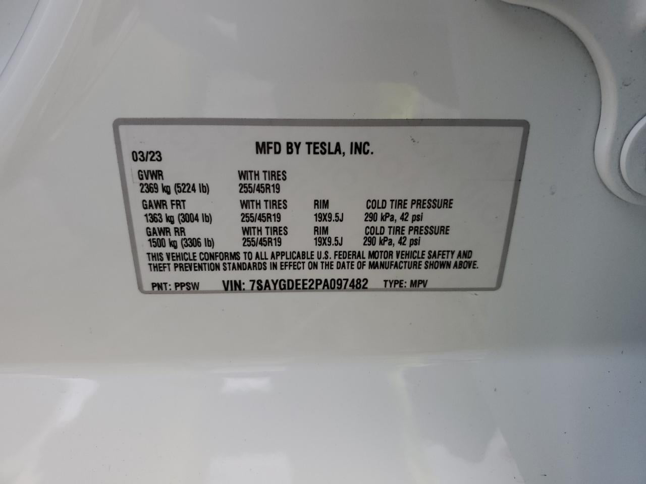 2023 TESLA MODEL Y VIN:7SAYGDEE2PA097482