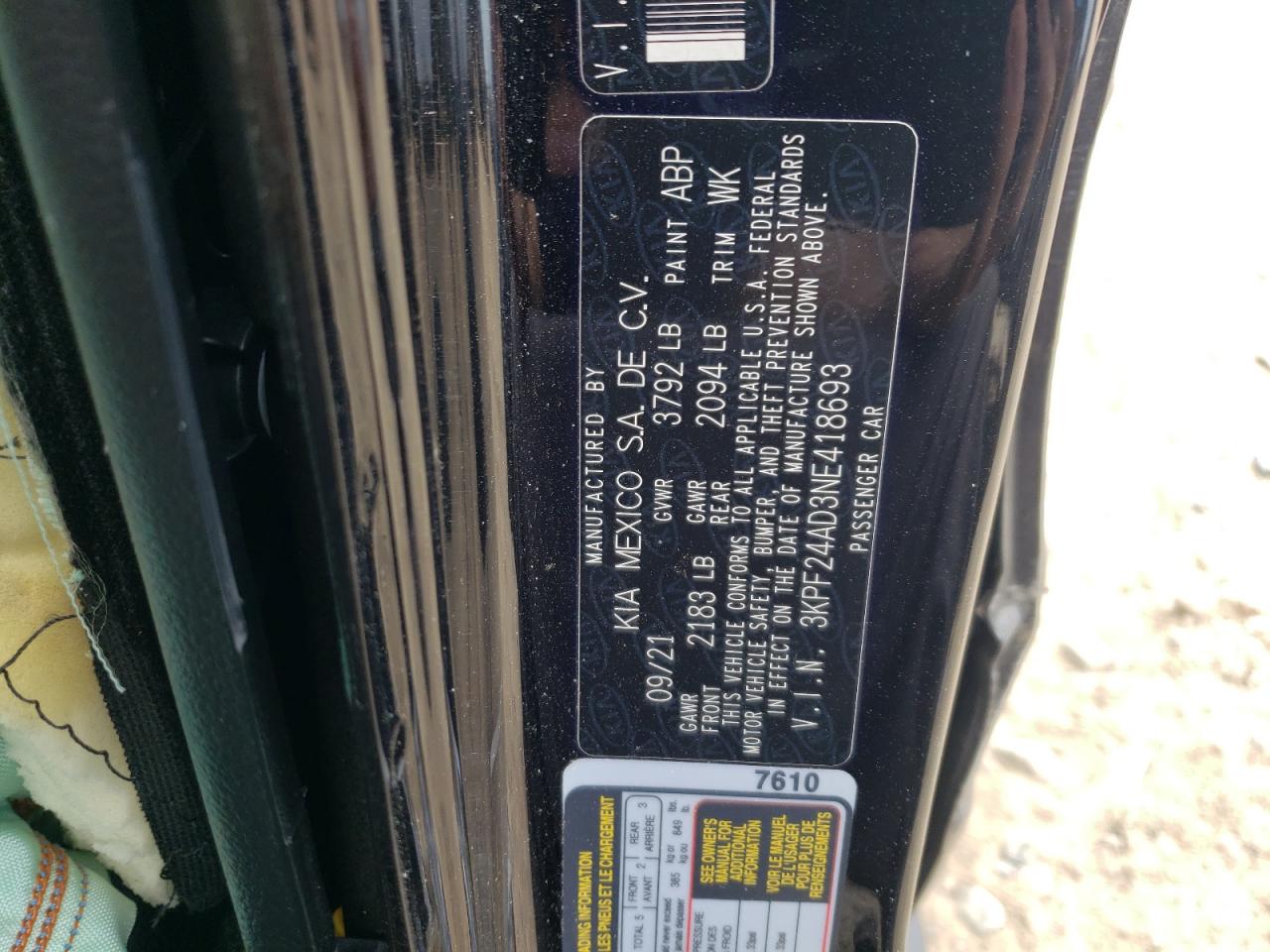 2022 KIA FORTE FE VIN:3KPF24AD3NE418693