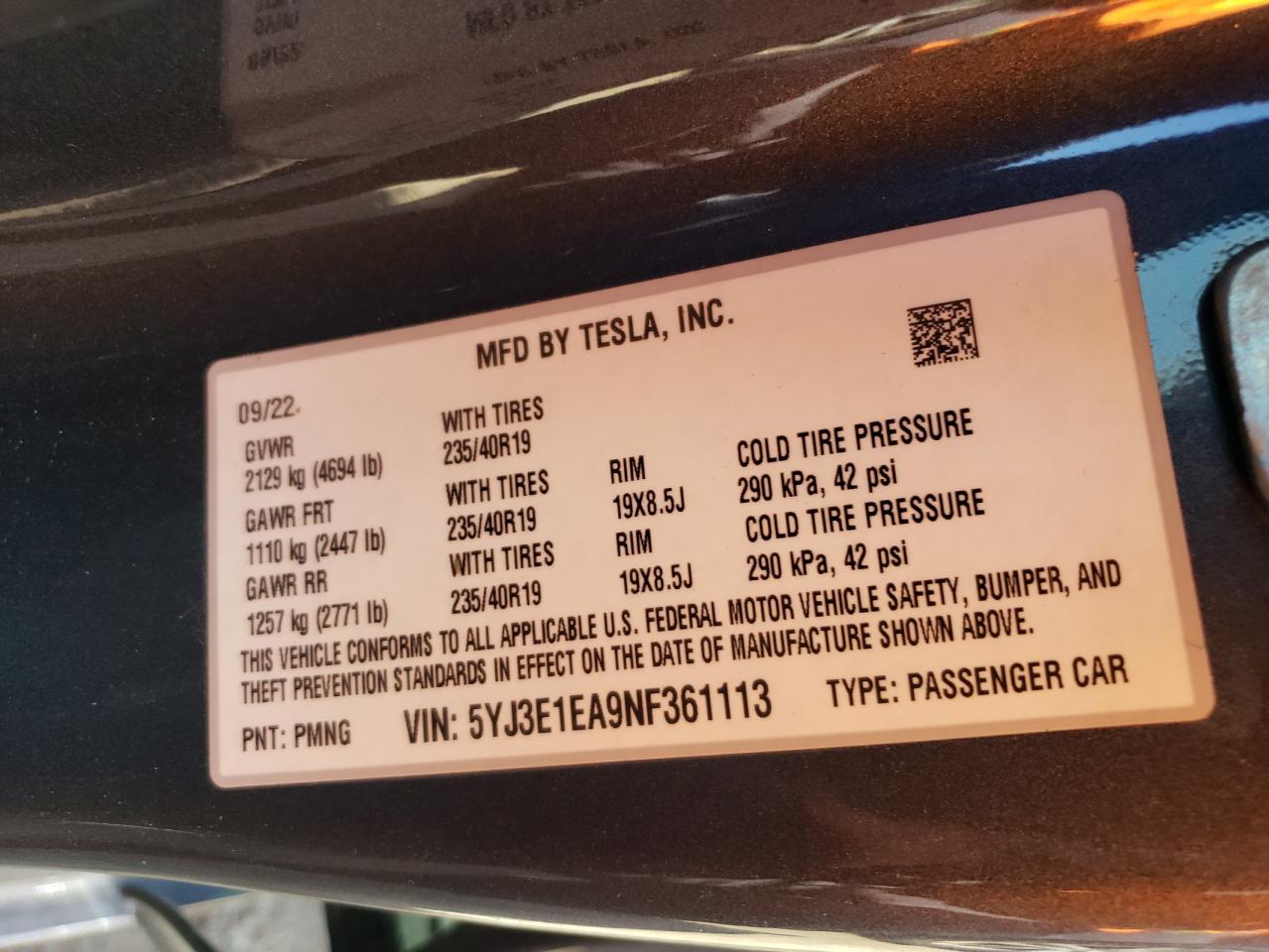 2022 TESLA MODEL 3 VIN:5YJ3E1EA9NF361113