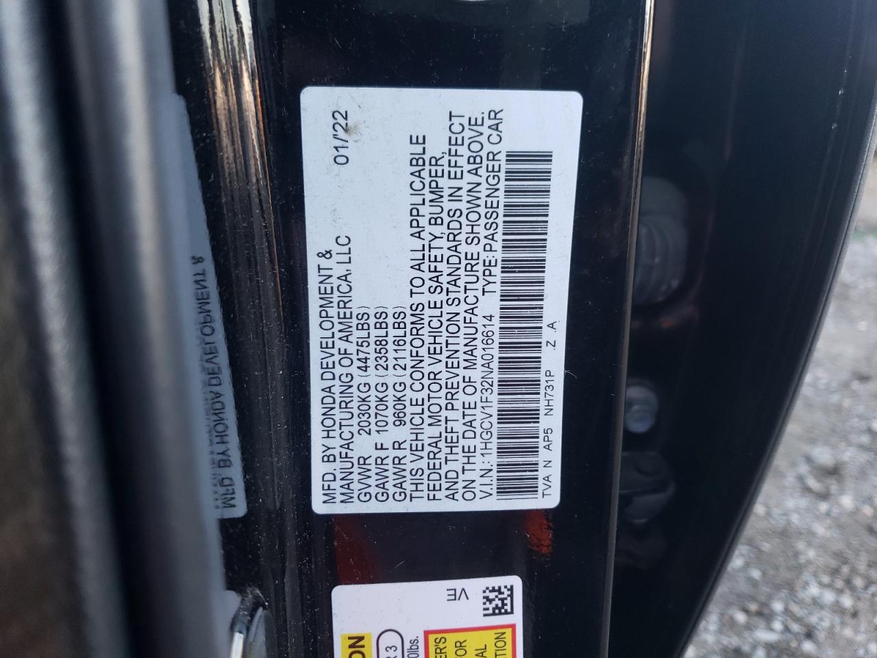 2022 HONDA ACCORD SPORT VIN:1HGCV1F32NA016614