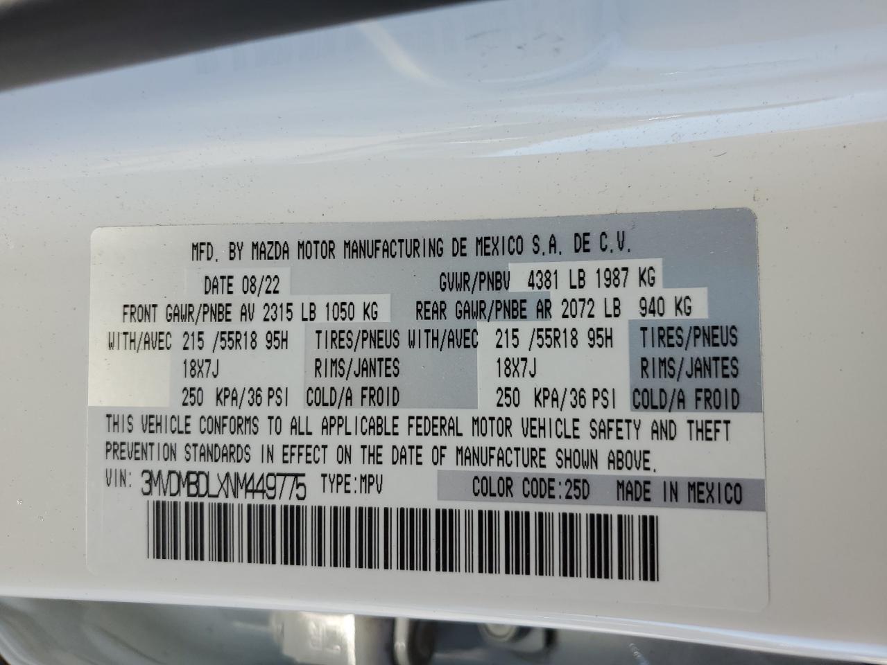 2022 MAZDA CX-30 PREMIUM VIN:3MVDMBDLXNM449775