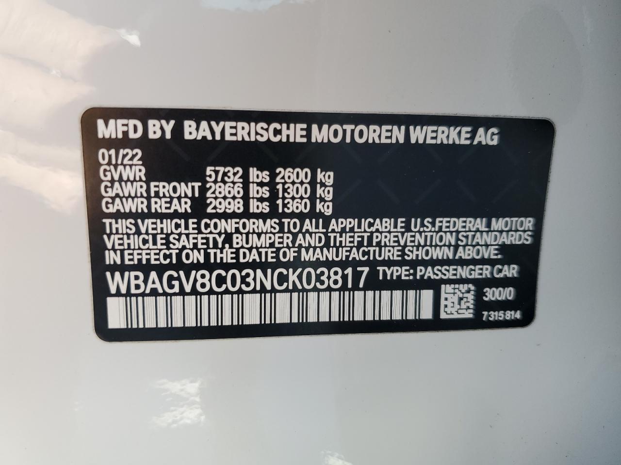 2022 BMW M850XI VIN:WBAGV8C03NCK03817