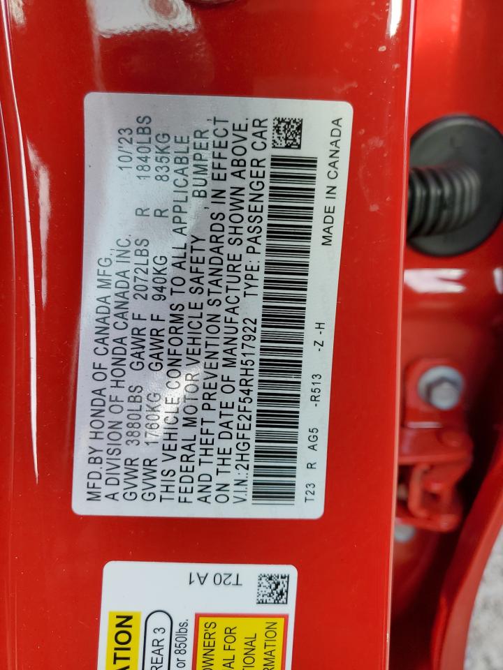 2024 HONDA CIVIC SPORT VIN:2HGFE2F54RH517922