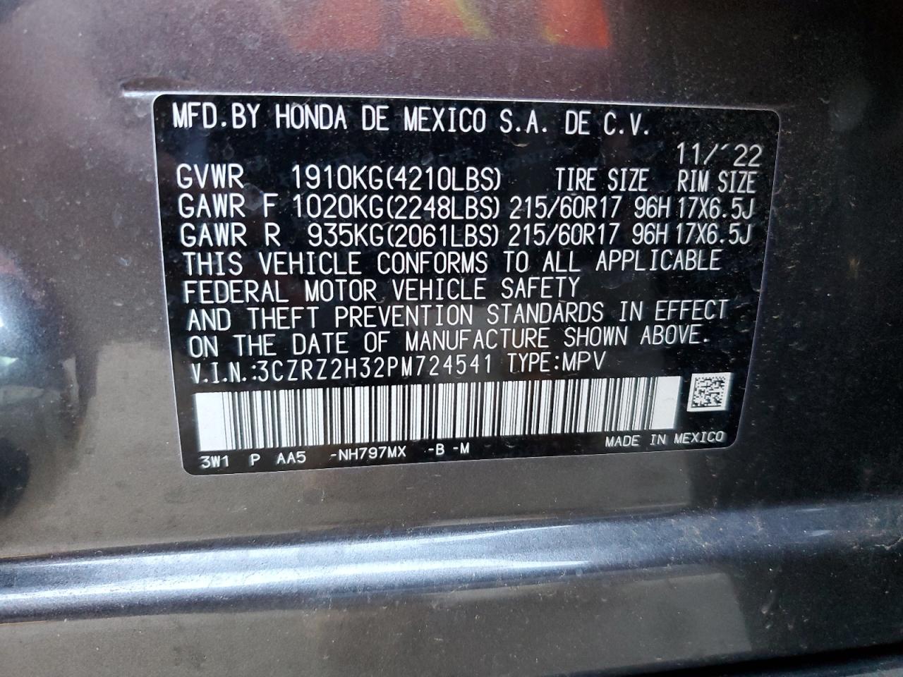 2023 HONDA HR-V LX VIN:3CZRZ2H32PM724541