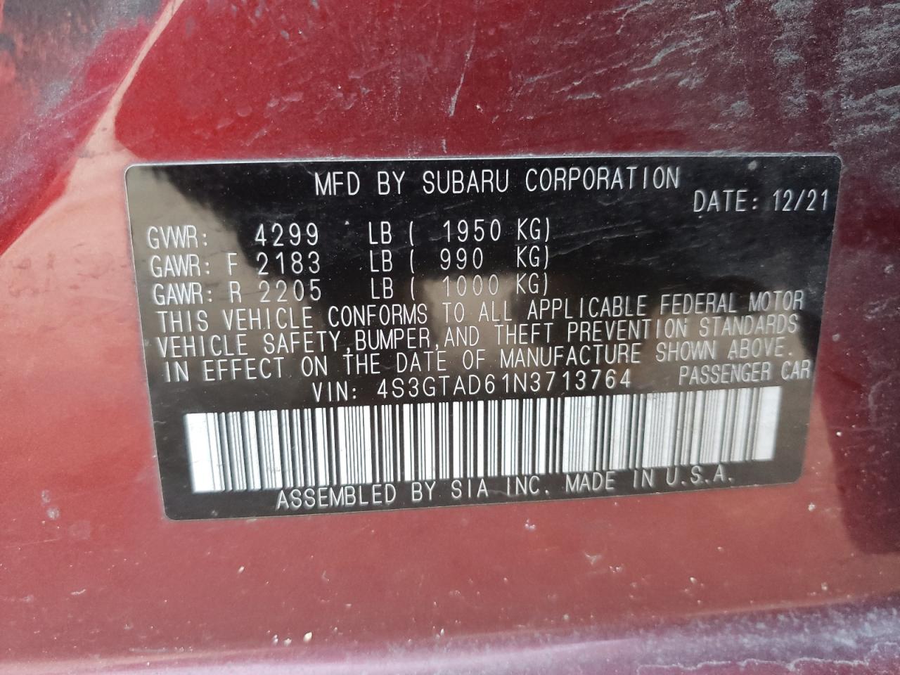 2022 SUBARU IMPREZA PREMIUM VIN:4S3GTAD61N3713764