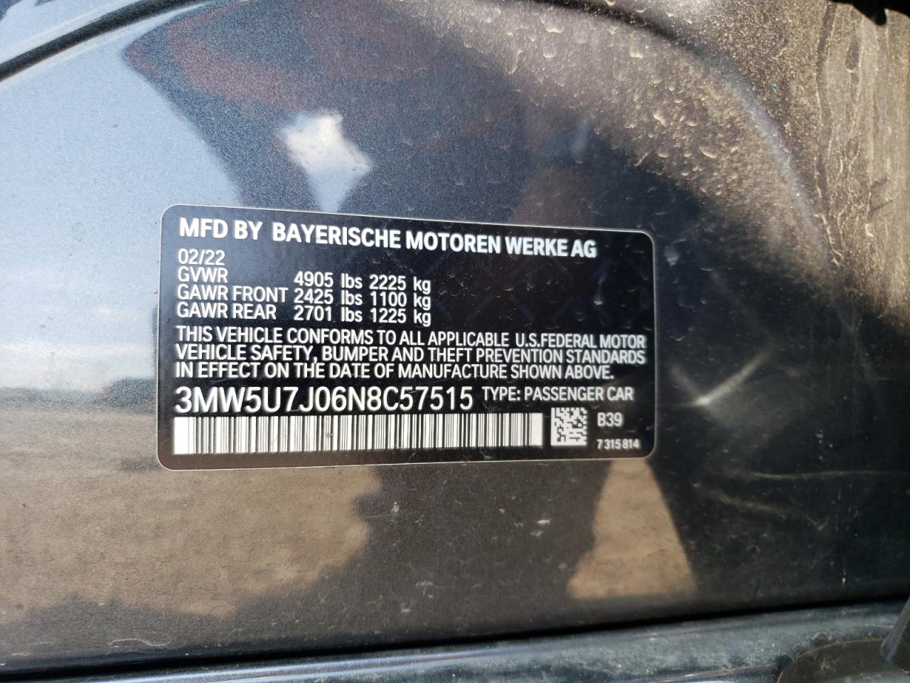 2022 BMW M340I VIN:3MW5U7J06N8C57515