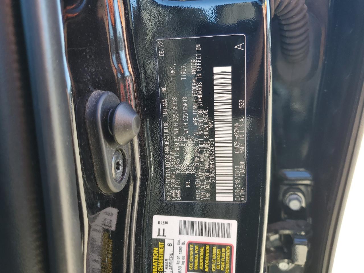 2022 TOYOTA HIGHLANDER XLE VIN:5TDGZRBH2NS226721