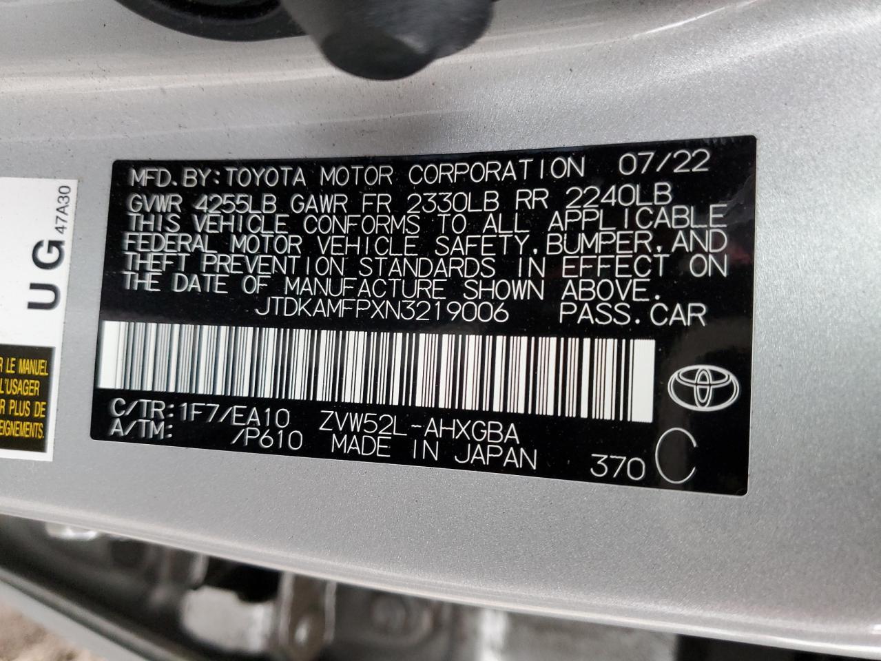 2022 TOYOTA PRIUS PRIME LE VIN:JTDKAMFPXN3219006