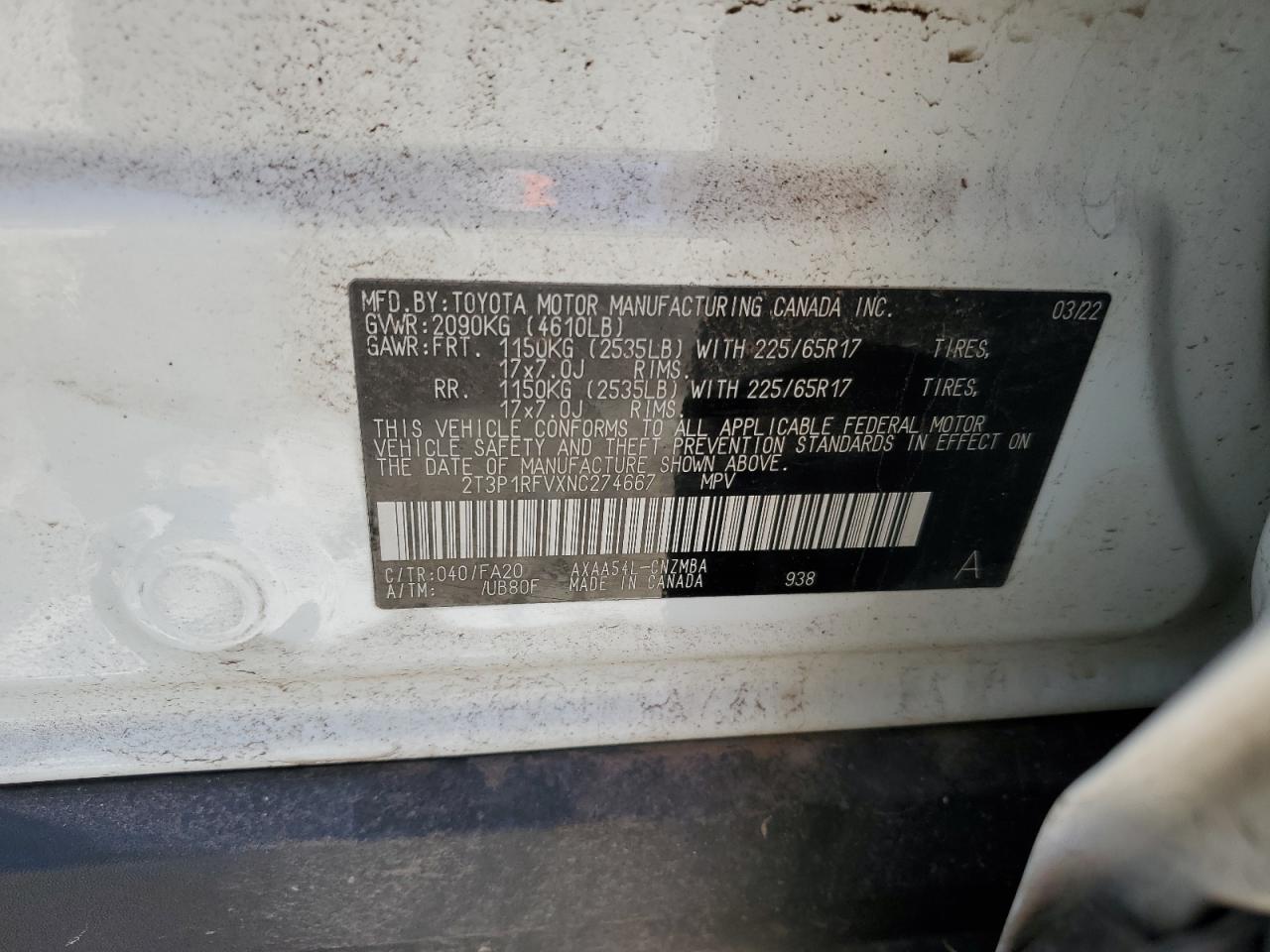 2022 TOYOTA RAV4 XLE VIN:2T3P1RFVXNC274667