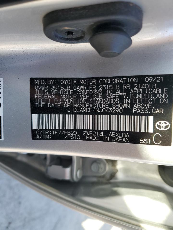 2022 TOYOTA COROLLA LE VIN:JTDEAMDE4NJ043290