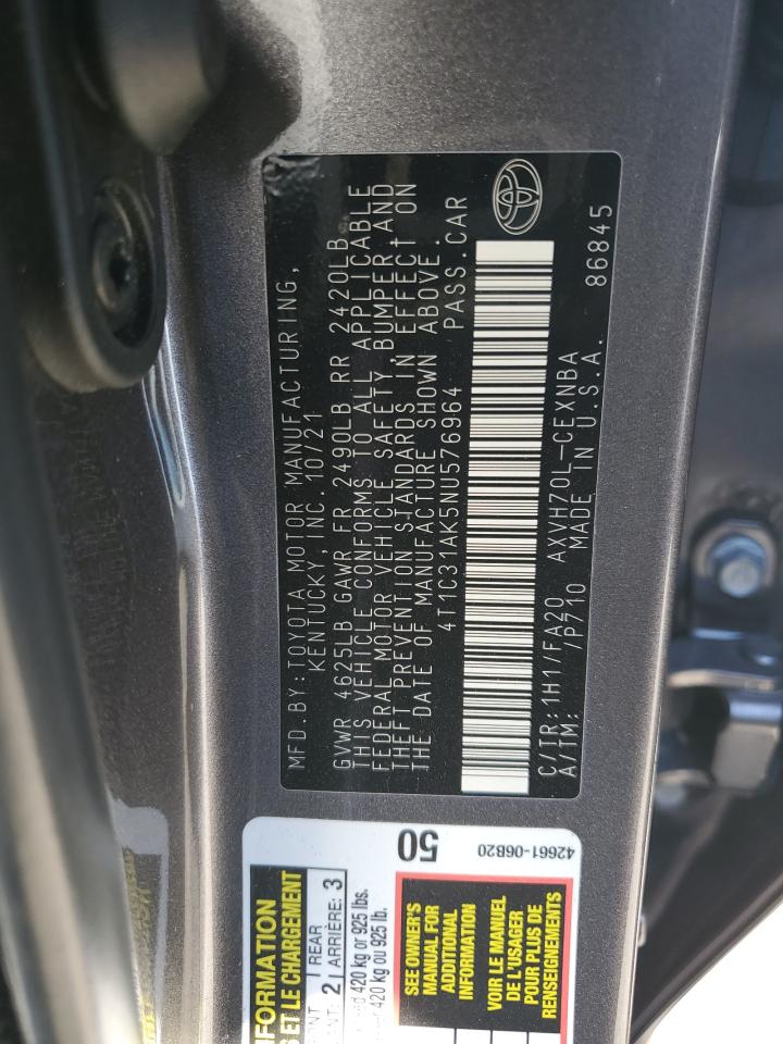 2022 TOYOTA CAMRY LE VIN:4T1C31AK5NU576964