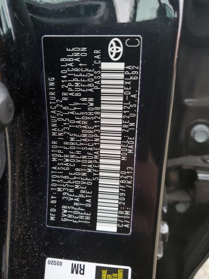 2022 TOYOTA COROLLA LE VIN:5YFEPMAE1NP311288