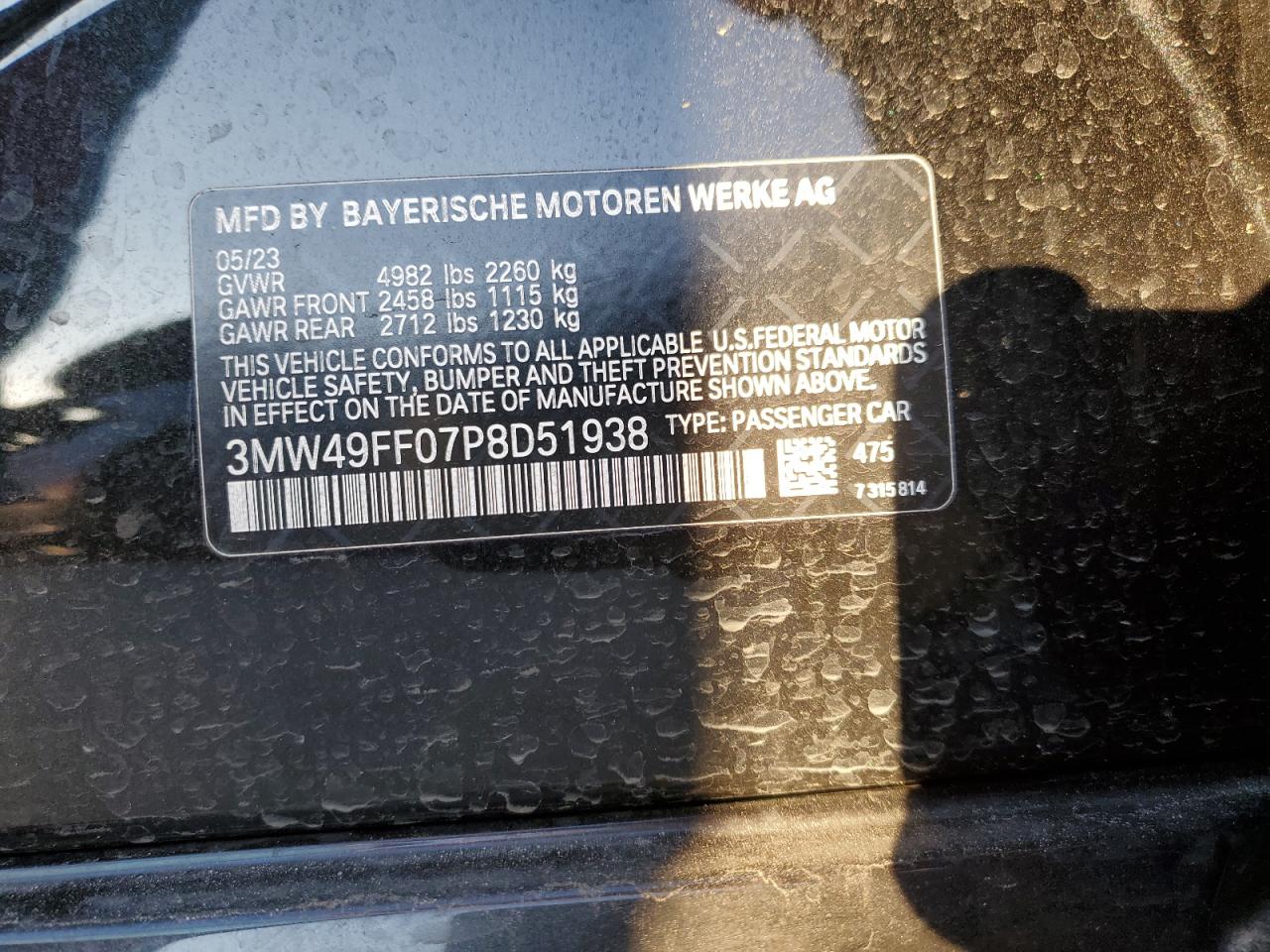 2023 BMW M340XI VIN:3MW49FF07P8D51938