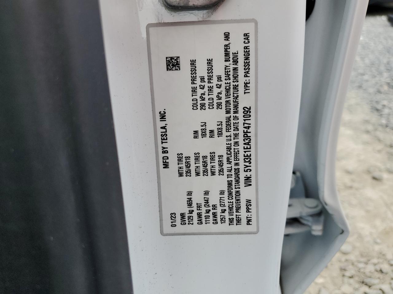 2023 TESLA MODEL 3 VIN:5YJ3E1EA3PF471092