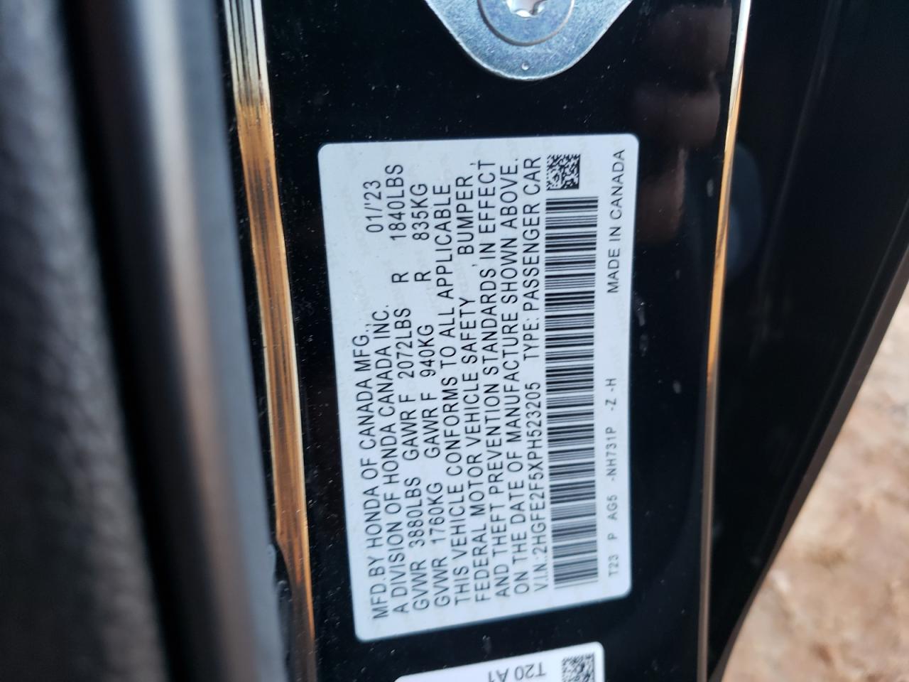 2023 HONDA CIVIC SPORT VIN:2HGFE2F5XPH523205