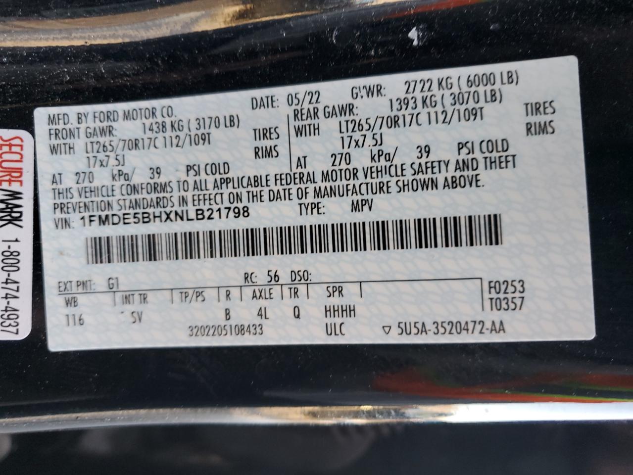 2022 FORD BRONCO BASE VIN:1FMDE5BHXNLB21798