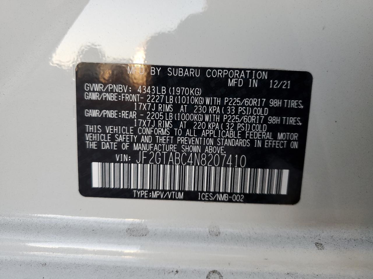 2022 SUBARU CROSSTREK VIN:JF2GTABC4N8207410