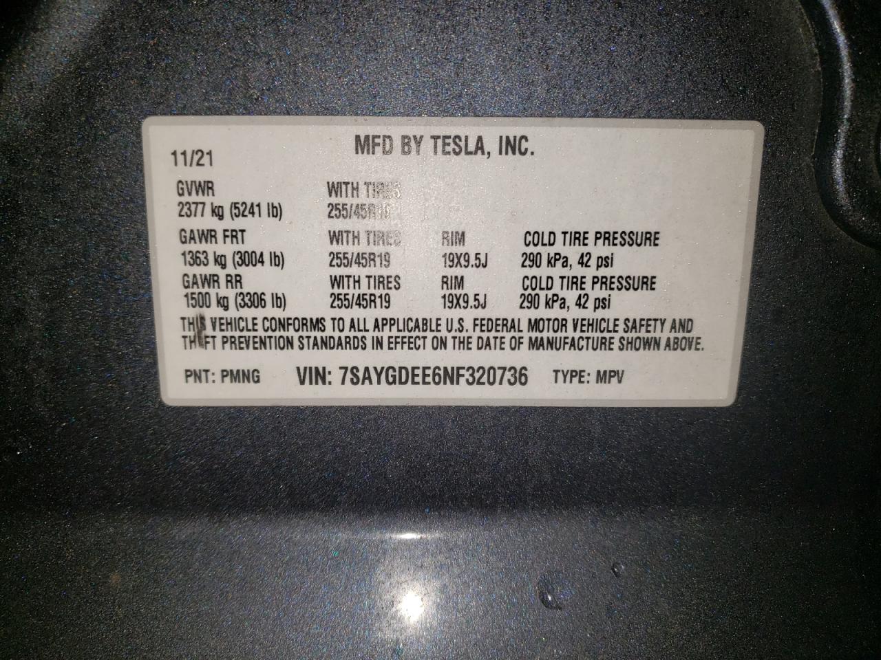 2022 TESLA MODEL Y VIN:7SAYGDEE6NF320736