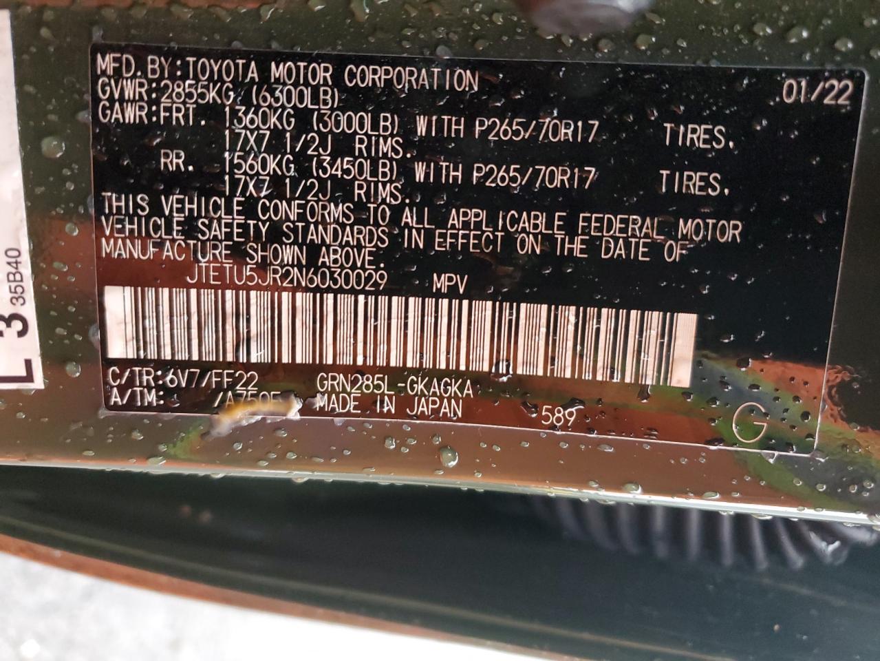 2022 TOYOTA 4RUNNER TRAIL VIN:JTETU5JR2N6030029