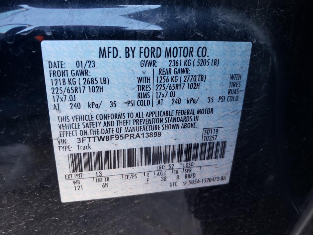 2023 FORD MAVERICK XL VIN:3FTTW8F95PRA13899