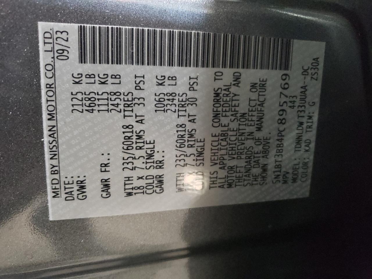 2023 NISSAN ROGUE SV VIN:5N1BT3BB4PC895769