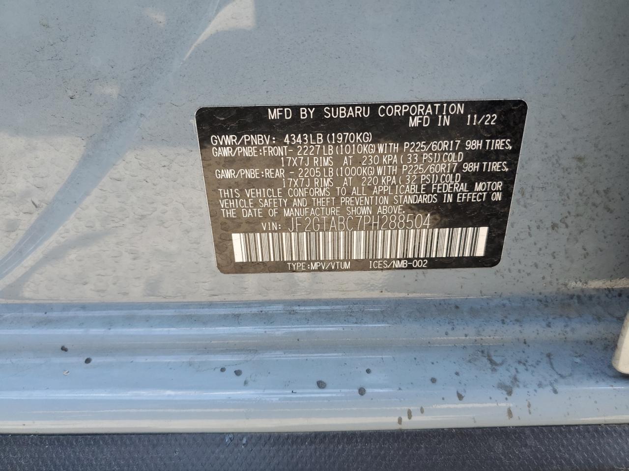 2023 SUBARU CROSSTREK VIN:JF2GTABC7PH288504