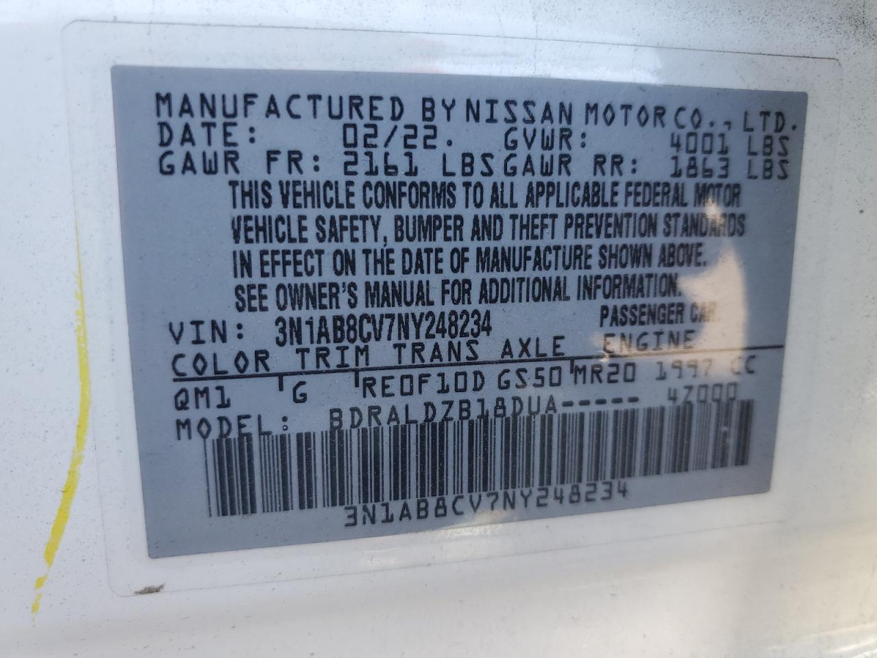 2022 NISSAN SENTRA SV VIN:3N1AB8CV7NY248234