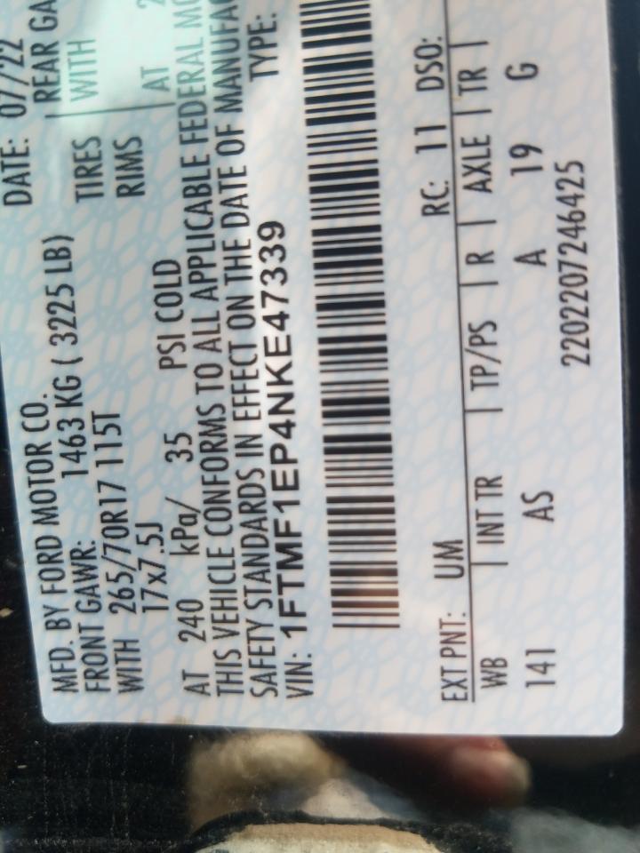 2022 FORD F150 VIN:1FTMF1EP4NKE47339