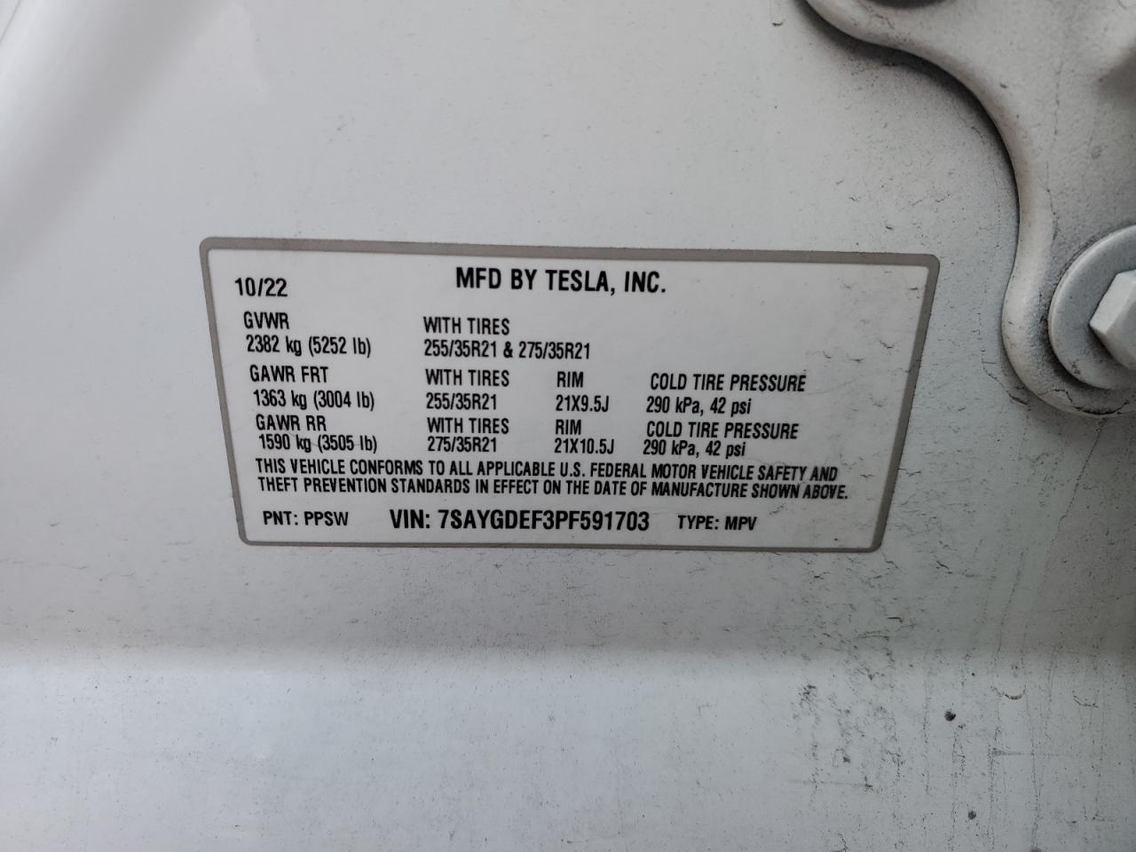 2023 TESLA MODEL Y VIN:7SAYGDEF3PF591703