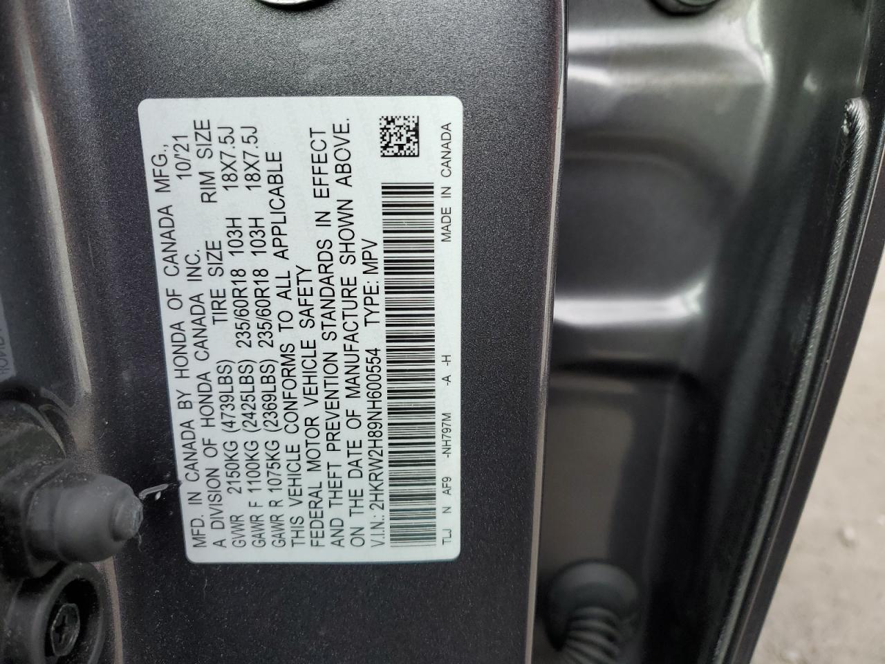 2022 HONDA CR-V EXL VIN:2HKRW2H89NH600554
