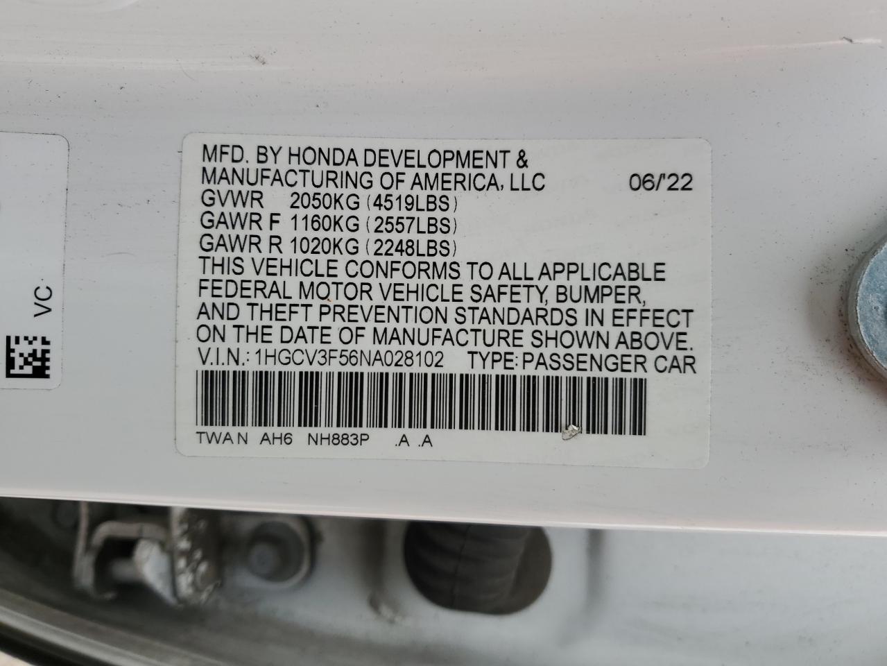 2022 HONDA ACCORD HYBRID EXL VIN:1HGCV3F56NA028102