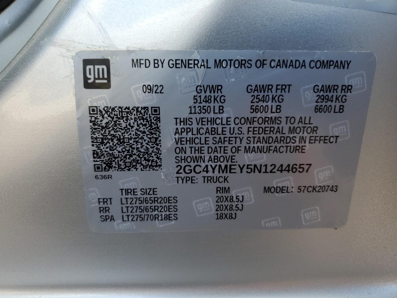 2022 CHEVROLET SILVERADO K2500 CUSTOM VIN:2GC4YMEY5N1244657