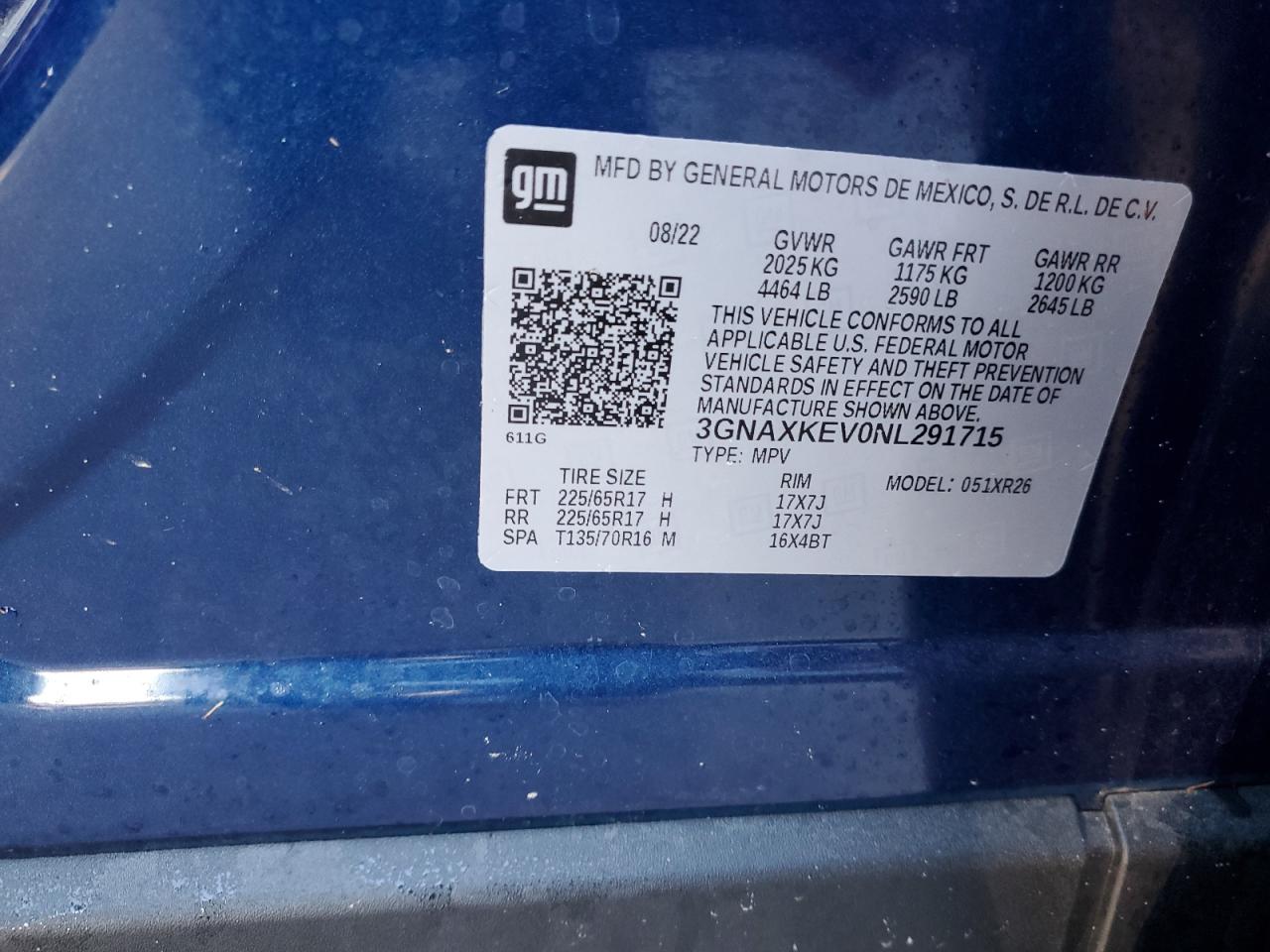 2022 CHEVROLET EQUINOX LT VIN:3GNAXKEV0NL291715