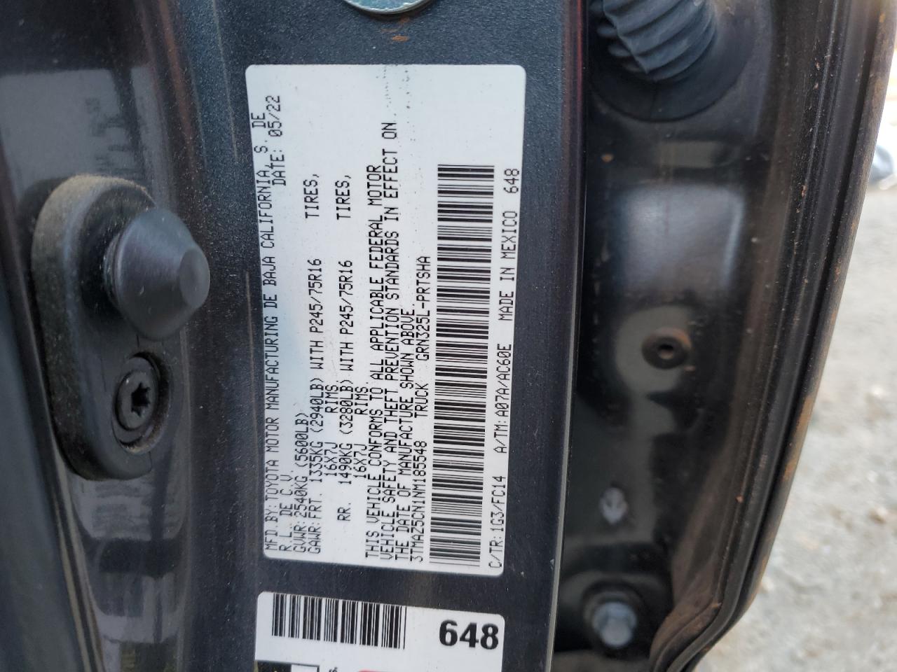 2022 TOYOTA TACOMA DOUBLE CAB VIN:3TMAZ5CN1NM185548