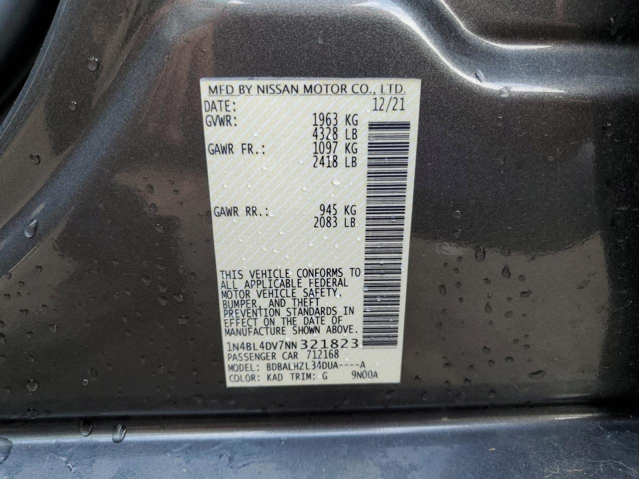 2022 NISSAN ALTIMA SV VIN:1N4BL4DV7NN321823