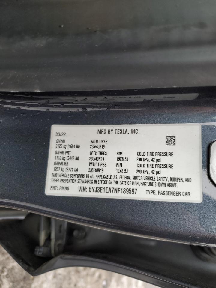 2022 TESLA MODEL 3 VIN:5YJ3E1EA7NF189597
