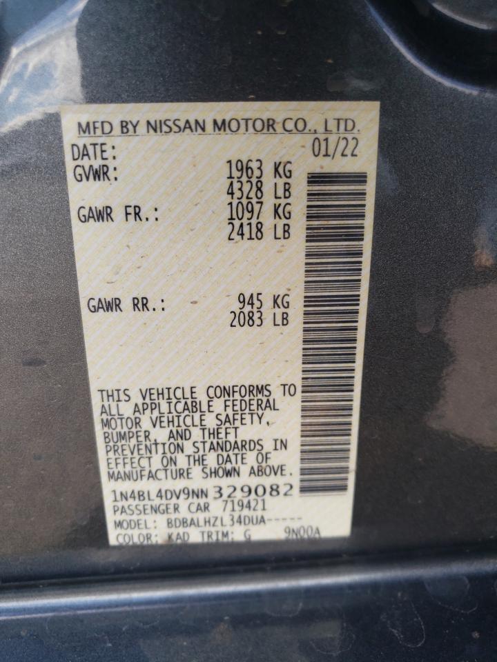 2022 NISSAN ALTIMA SV VIN:1N4BL4DV9NN329082