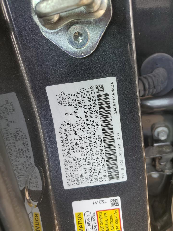 2022 HONDA CIVIC SPORT VIN:2HGFE2F56NH586282