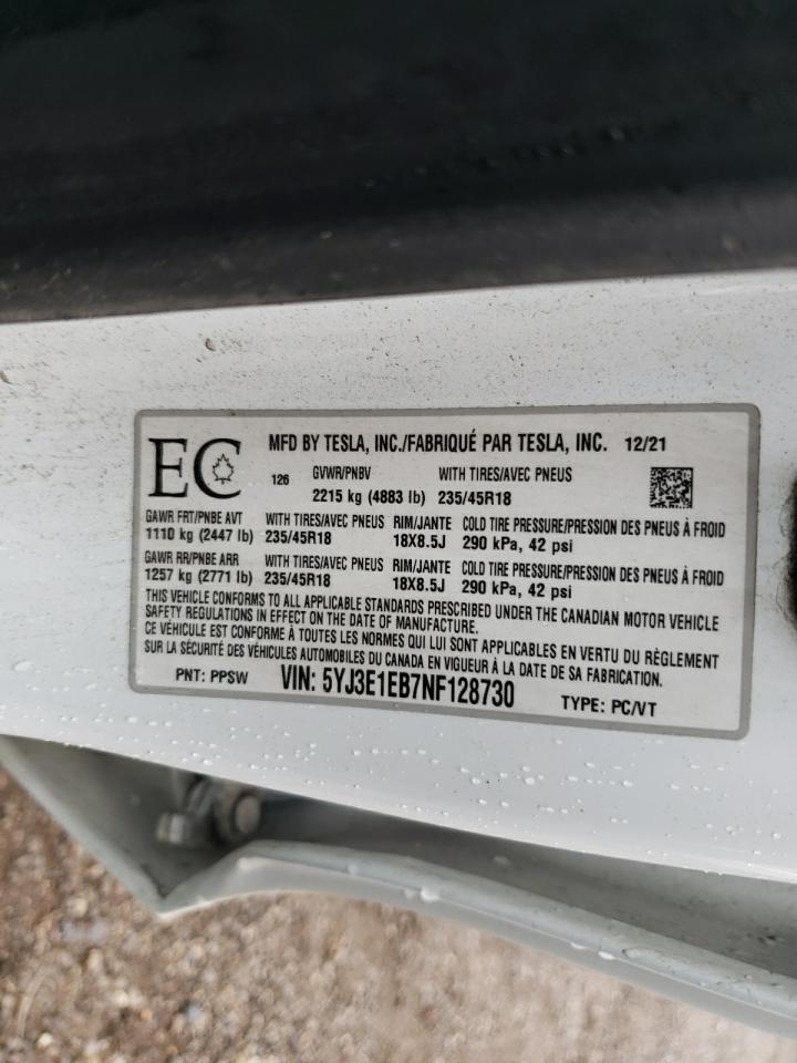 2022 TESLA MODEL 3 VIN:5YJ3E1EB7NF128730