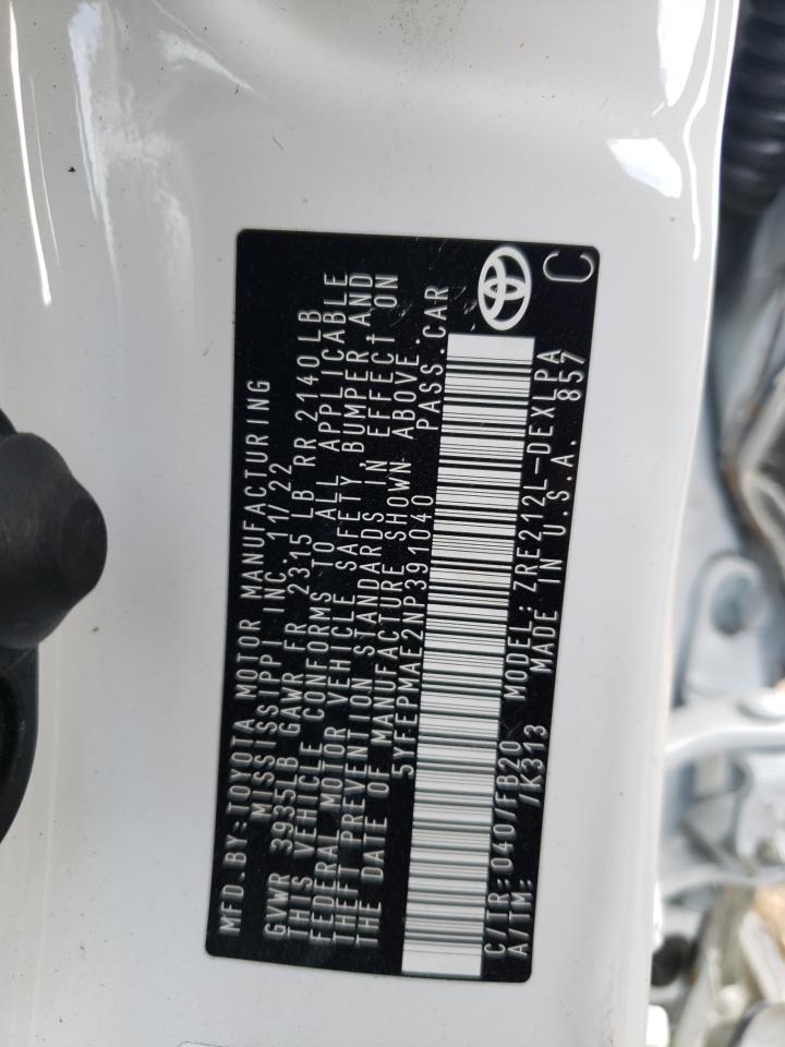 2022 TOYOTA COROLLA LE VIN:5YFEPMAE2NP391040