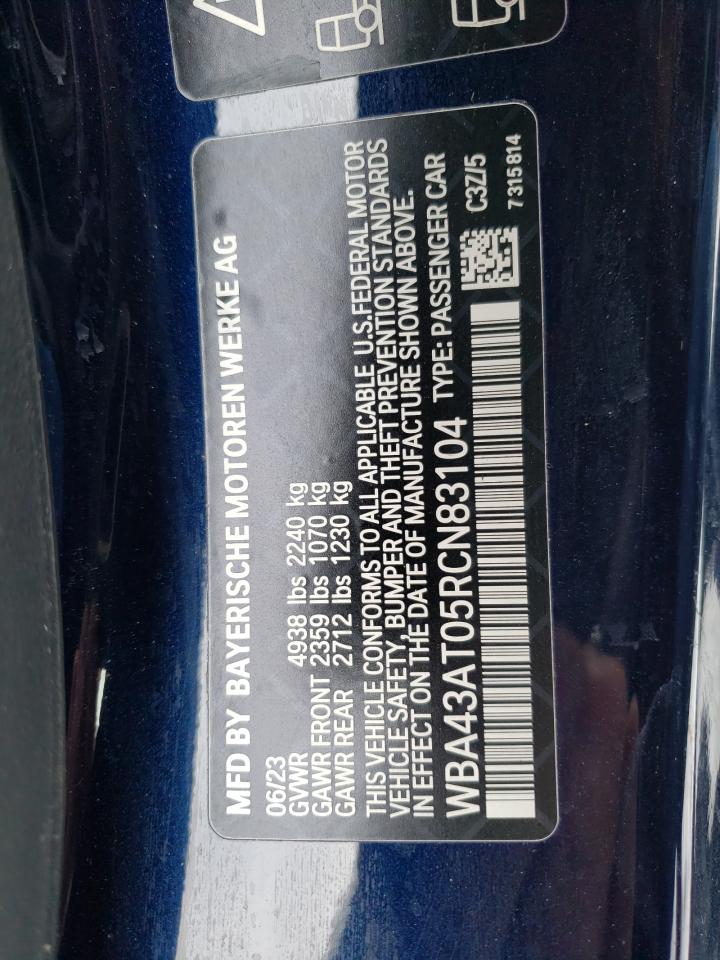 2024 BMW 430XI VIN:WBA43AT05RCN83104