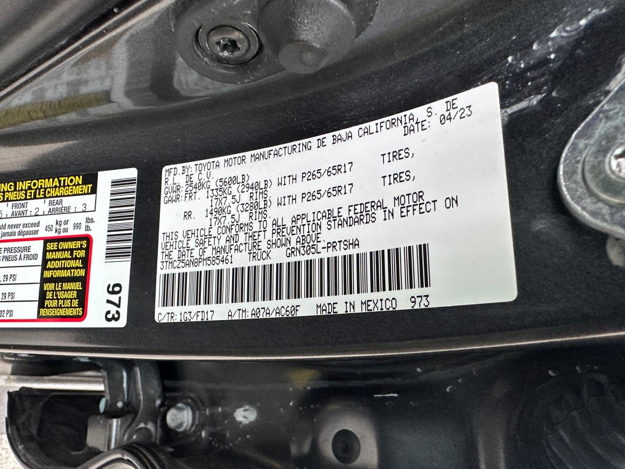 2023 TOYOTA TACOMA DOUBLE CAB VIN:3TMCZ5AN8PM585461