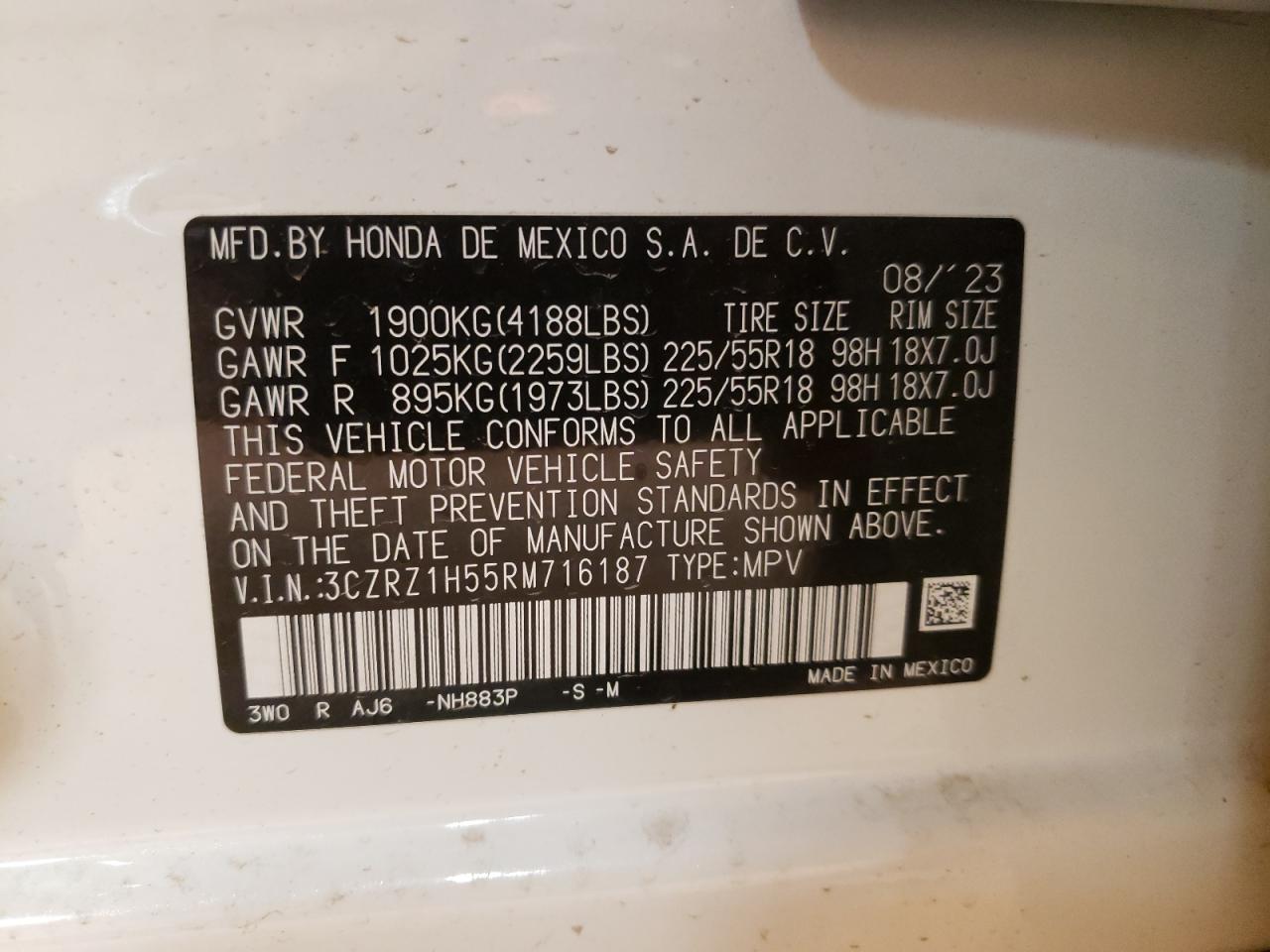 2024 HONDA HR-V SPORT VIN:3CZRZ1H55RM716187